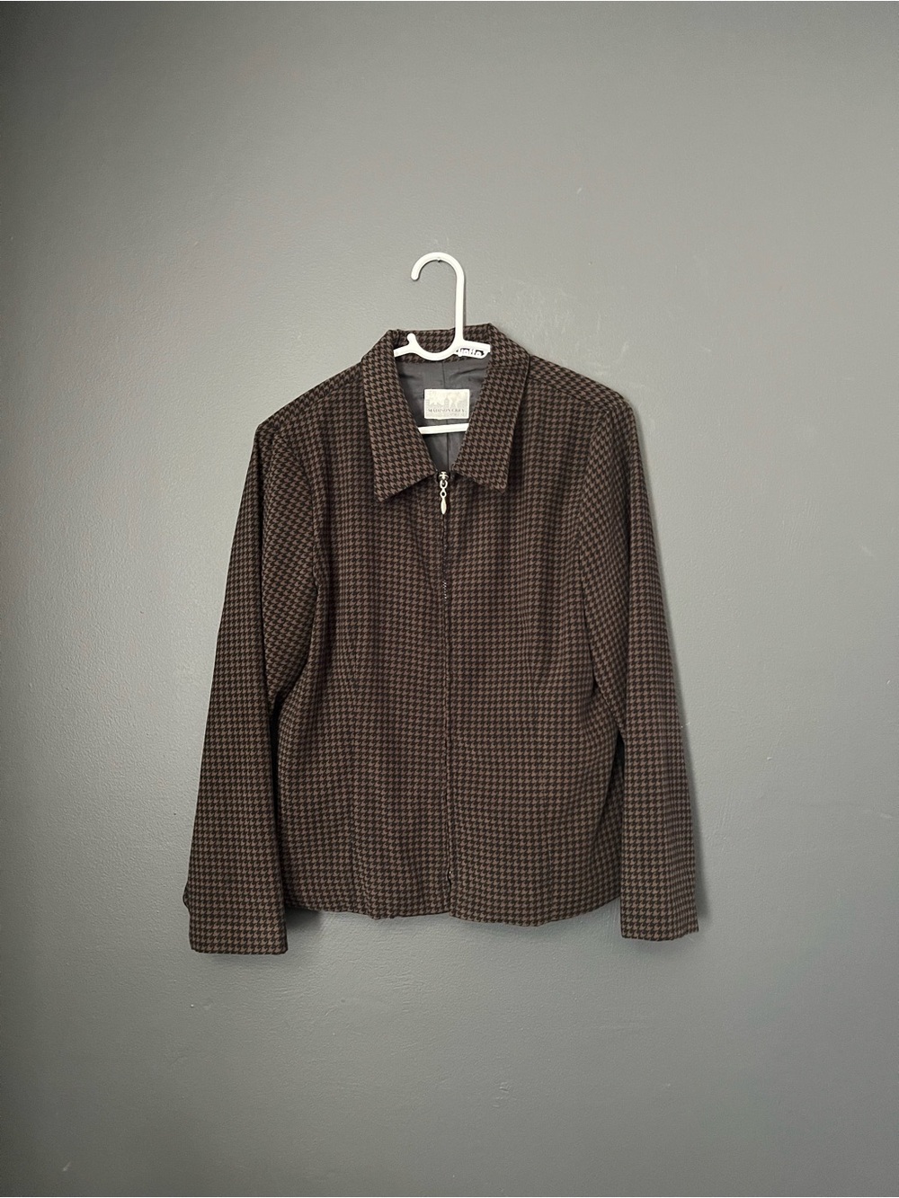 Vintage Y2K Madison Grey New York Brown Black Houndstooth Zip Jacket S/M